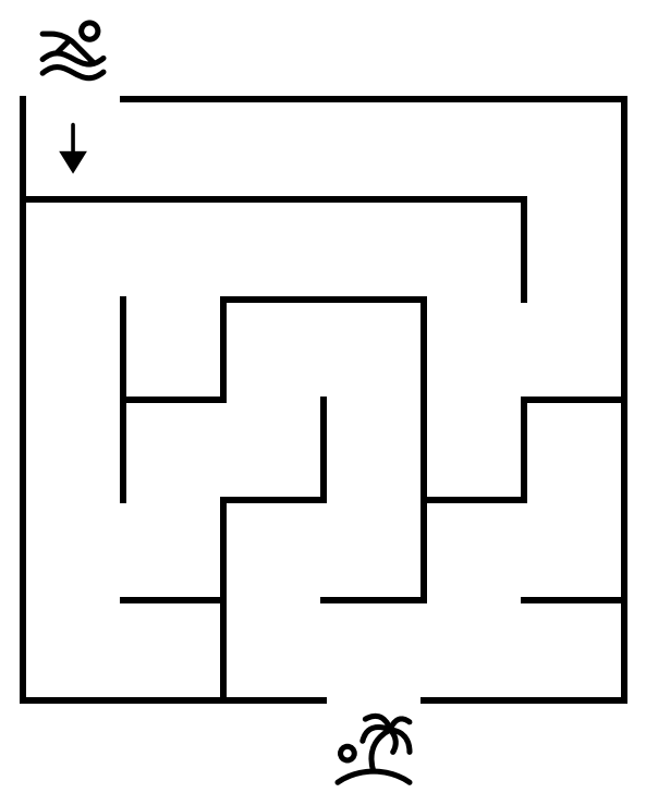 Activity 50: a six by six grid from a swimmer to an island, with dead ends that have to be backed out of.