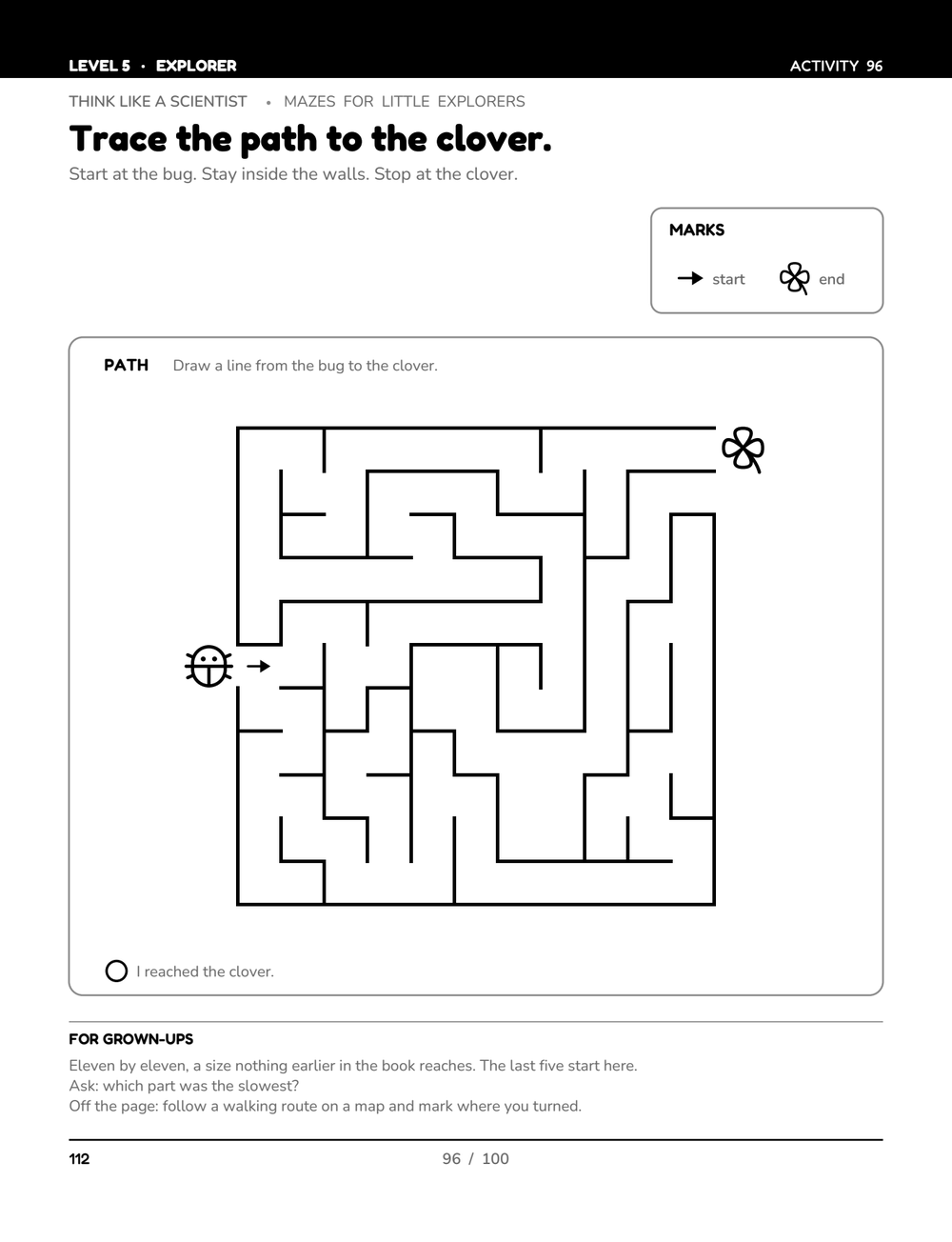 An interior page from Mazes for Little Explorers: a level 5 maze with a start
             flag, a clover at the end, a marks key, and a for-grown-ups band.