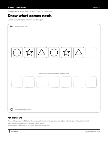 Bonus sheet 3 of 6, not in the book: Draw what comes next.