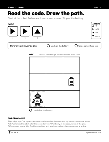 Bonus sheet 1 of 6, not in the book: Read the code. Draw the path.