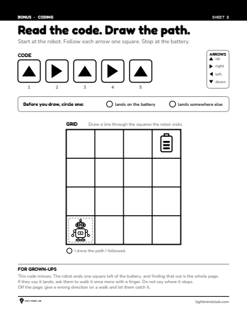 Bonus sheet 2 of 6, not in the book: Read the code. Draw the path.