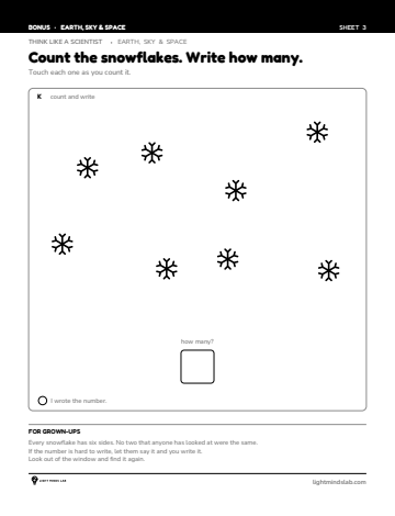 Bonus sheet 3 of 6, not in the book: Count the snowflakes. Write how many.
