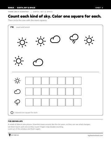 Bonus sheet 6 of 6, not in the book: Count each kind of sky. Color one square for each.
