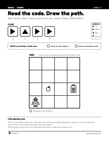 Bonus sheet 2 of 6, not in the book: Read the code. Draw the path.