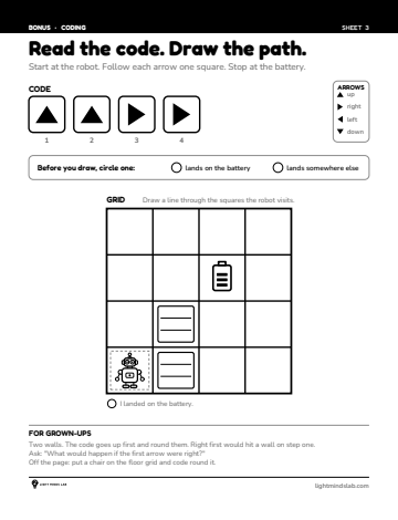 Bonus sheet 3 of 6, not in the book: Read the code. Draw the path.
