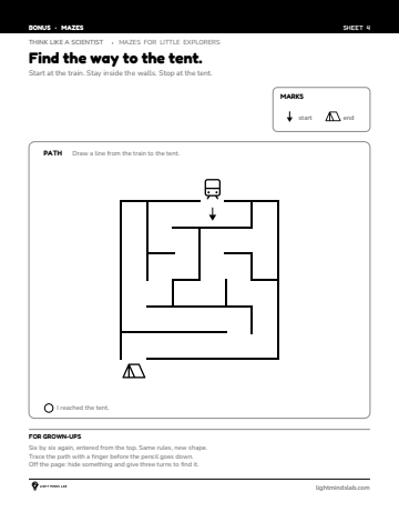 Bonus sheet 4 of 6, not in the book: Find the way to the tent.