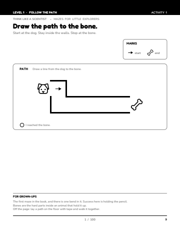 Sheet 1, activity 1 of 100, Level 1: Draw the path to the bone.