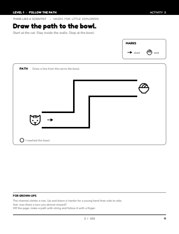 Sheet 2, activity 3 of 100, Level 1: Draw the path to the bowl.