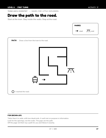 Sheet 3, activity 17 of 100, Level 2: Draw the path to the road.