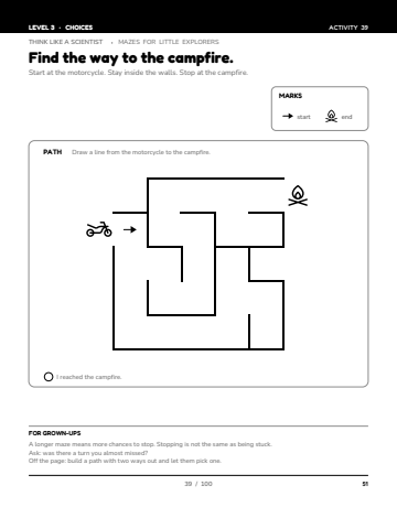 Sheet 5, activity 39 of 100, Level 3: Find the way to the campfire.