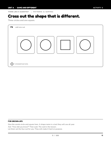 Sheet 1, activity 5 of 100, Unit A: Cross out the shape that is different.