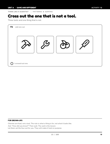 Sheet 2, activity 13 of 100, Unit A: Cross out the one that is not a tool.