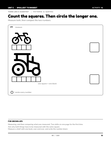 Sheet 4, activity 46 of 100, Unit C: Count the squares. Then circle the longer one.