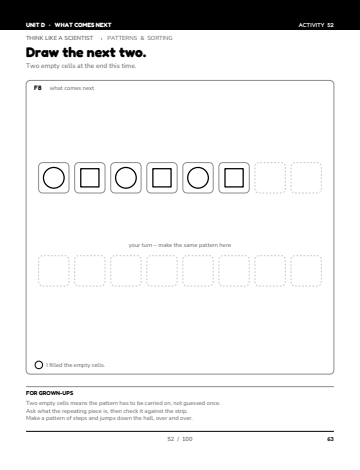 Sheet 5, activity 52 of 100, Unit D: Draw the next two.