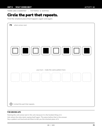 Sheet 6, activity 68 of 100, Unit D: Circle the part that repeats.