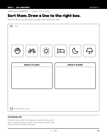 Sheet 1, activity 7 of 100, Unit A: Sort them. Draw a line to the right box.