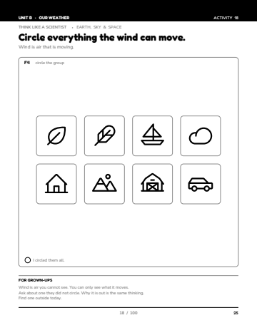Sheet 2, activity 18 of 100, Unit B: Circle everything the wind can move.
