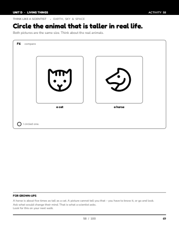 Sheet 4, activity 58 of 100, Unit D: Circle the animal that is taller in real life.