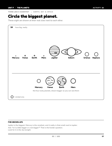 Sheet 7, activity 83 of 100, Unit F: Circle the biggest planet.