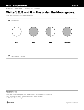 Bonus sheet 2 of 6, not in the book: Write 1, 2, 3 and 4 in the order the Moon grows.