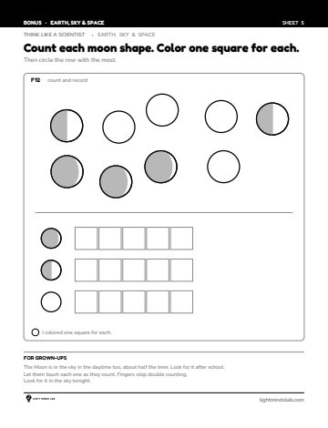 Bonus sheet 5 of 6, not in the book: Count each moon shape. Color one square for each.