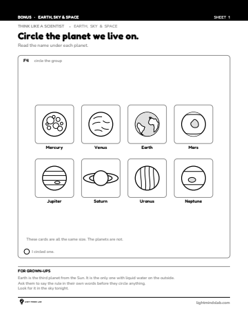 Bonus sheet 1 of 6, not in the book: Circle the planet we live on.