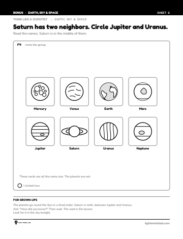 Bonus sheet 2 of 6, not in the book: Saturn has two neighbors. Circle Jupiter and Uranus.