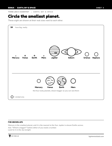 Bonus sheet 3 of 6, not in the book: Circle the smallest planet.