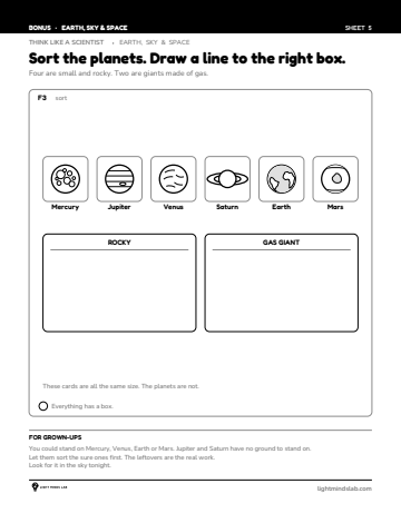 Bonus sheet 5 of 6, not in the book: Sort the planets. Draw a line to the right box.