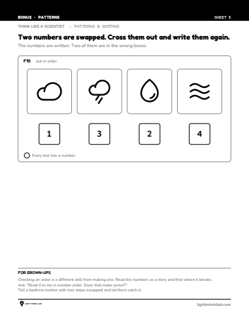 Bonus sheet 5 of 6, not in the book: Two numbers are swapped. Cross them out and write them again.