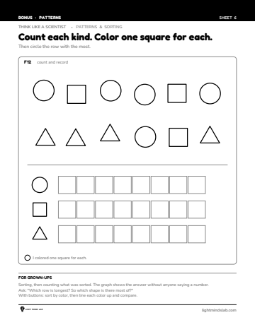Bonus sheet 6 of 6, not in the book: Count each kind. Color one square for each.
