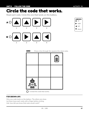 Sheet 3, activity 19 of 100, Unit B: Circle the code that works.
