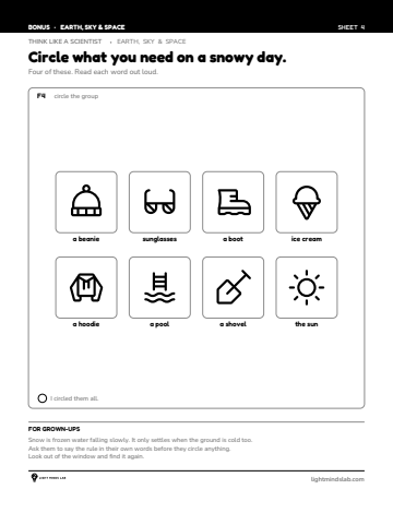Bonus sheet 4 of 6, not in the book: Circle what you need on a snowy day.